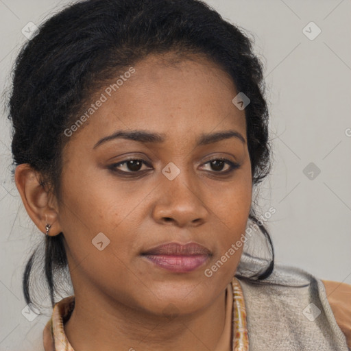 Neutral black young-adult female with medium  brown hair and brown eyes