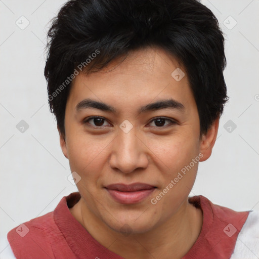 Joyful asian young-adult male with short  brown hair and brown eyes
