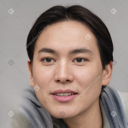 Joyful asian young-adult male with short  brown hair and brown eyes