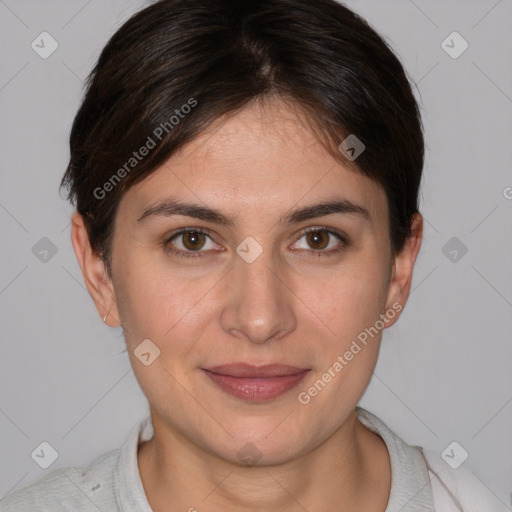 Joyful white young-adult female with short  brown hair and brown eyes