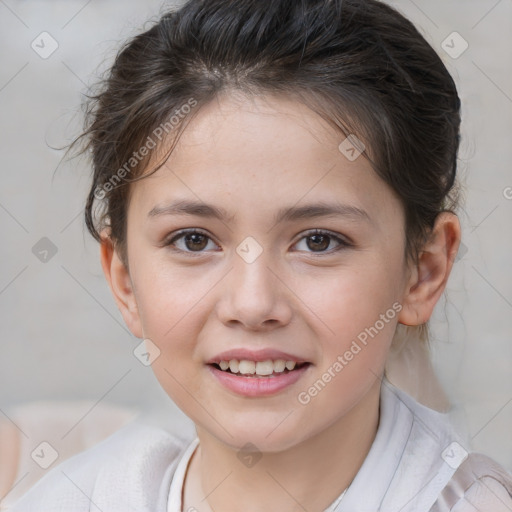 Joyful white child female with medium  brown hair and brown eyes