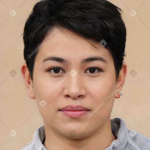 Joyful asian young-adult female with short  brown hair and brown eyes