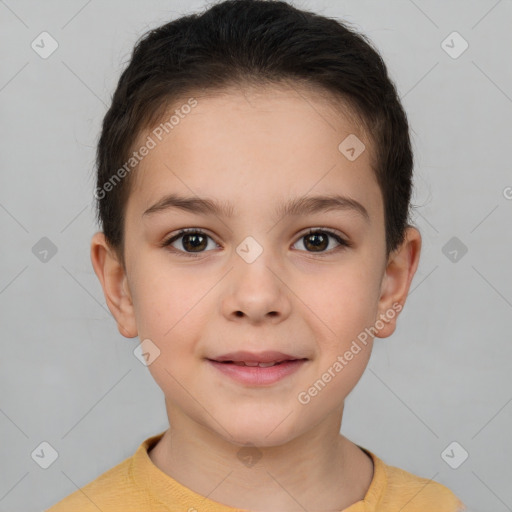 Joyful white child female with short  brown hair and brown eyes