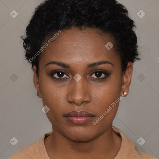 Neutral black young-adult female with short  black hair and brown eyes