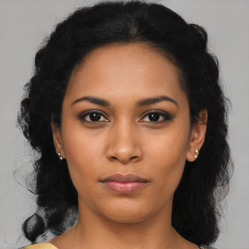 Neutral latino young-adult female with medium  black hair and brown eyes