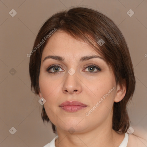 Neutral white young-adult female with medium  brown hair and brown eyes