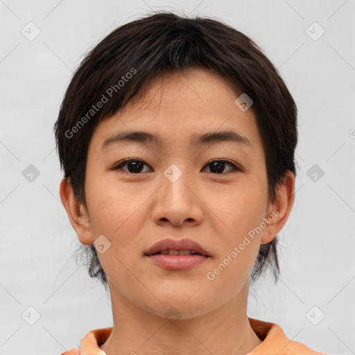 Neutral asian young-adult female with short  brown hair and brown eyes