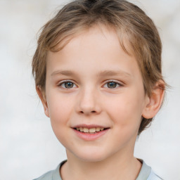 Joyful white child female with medium  brown hair and grey eyes