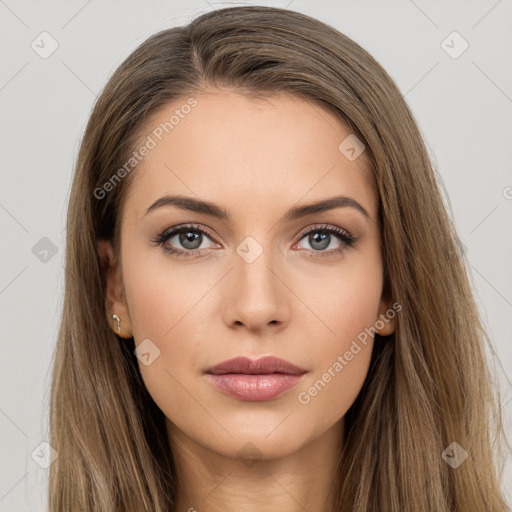 Neutral white young-adult female with long  brown hair and brown eyes