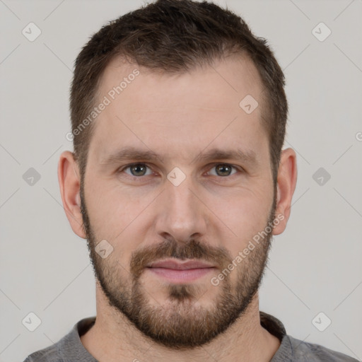 Neutral white young-adult male with short  brown hair and brown eyes