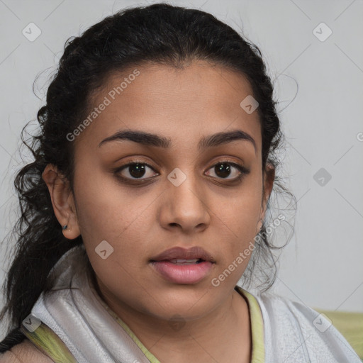 Neutral white young-adult female with medium  brown hair and brown eyes