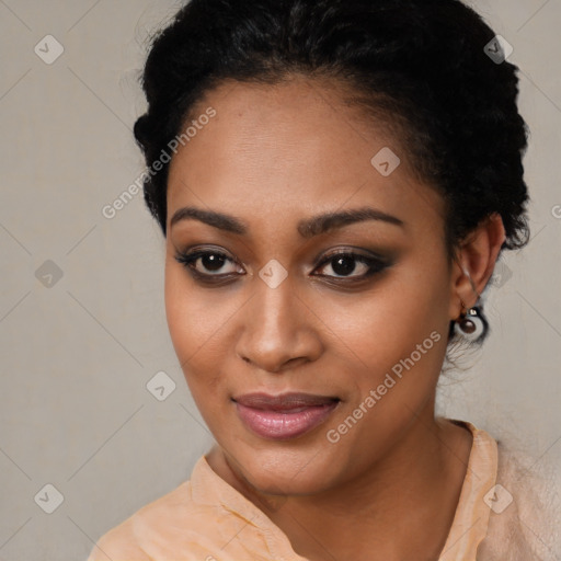 Joyful latino young-adult female with short  black hair and brown eyes