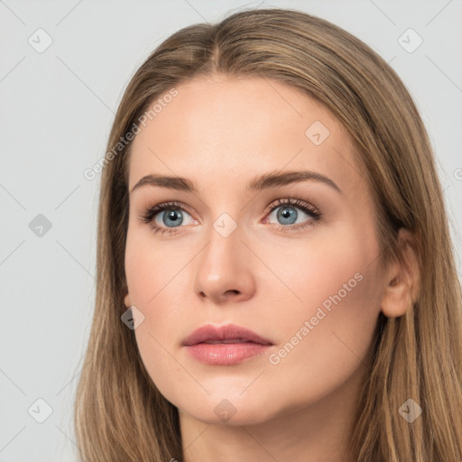 Neutral white young-adult female with long  brown hair and grey eyes