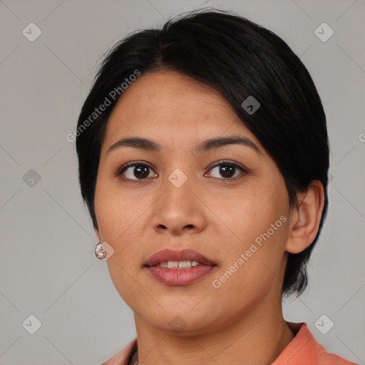 Joyful asian young-adult female with medium  black hair and brown eyes