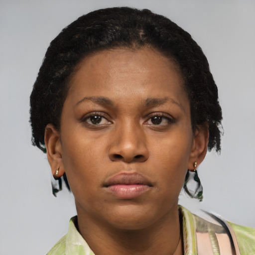 Neutral black young-adult female with short  brown hair and brown eyes