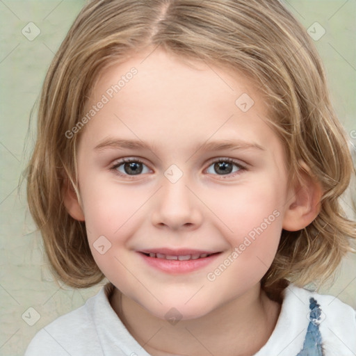 Joyful white child female with medium  brown hair and grey eyes