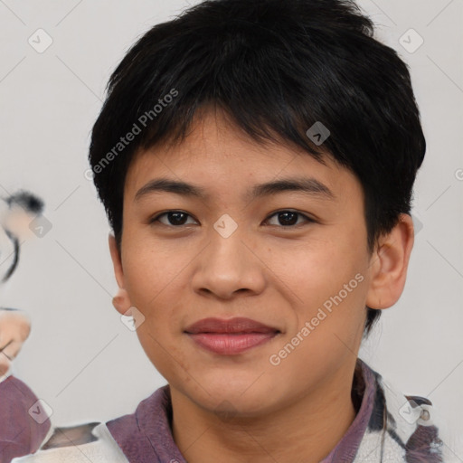 Joyful asian young-adult female with short  brown hair and brown eyes