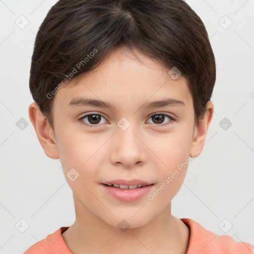 Joyful white child female with short  brown hair and brown eyes