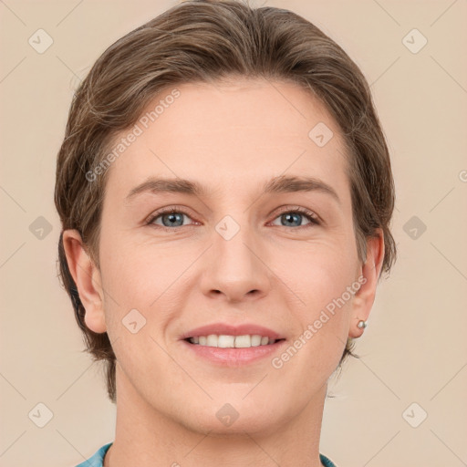 Joyful white young-adult female with short  brown hair and grey eyes