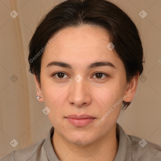 Neutral white young-adult female with medium  brown hair and brown eyes