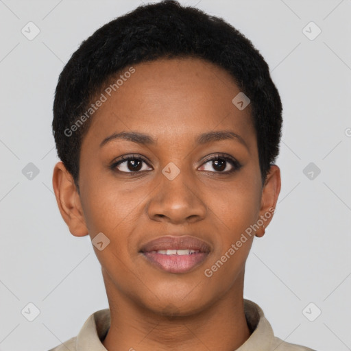 Joyful black young-adult female with short  brown hair and brown eyes