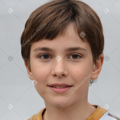 Joyful white child female with short  brown hair and brown eyes