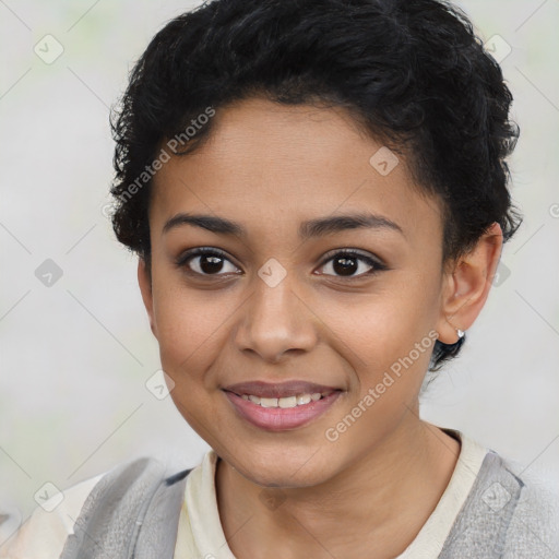 Joyful latino young-adult female with short  black hair and brown eyes