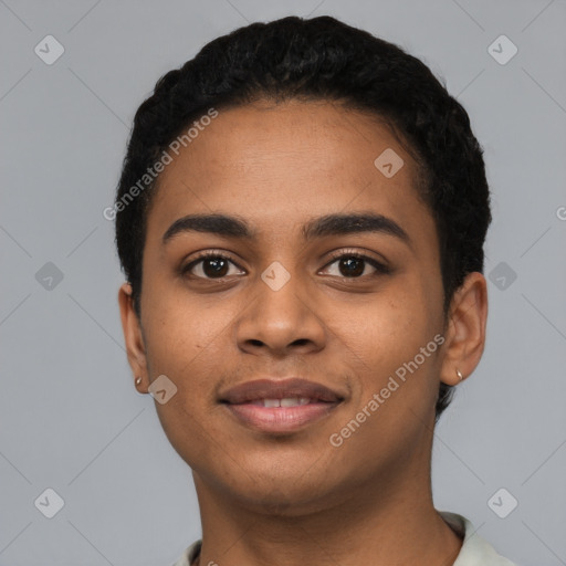 Joyful latino young-adult female with short  black hair and brown eyes