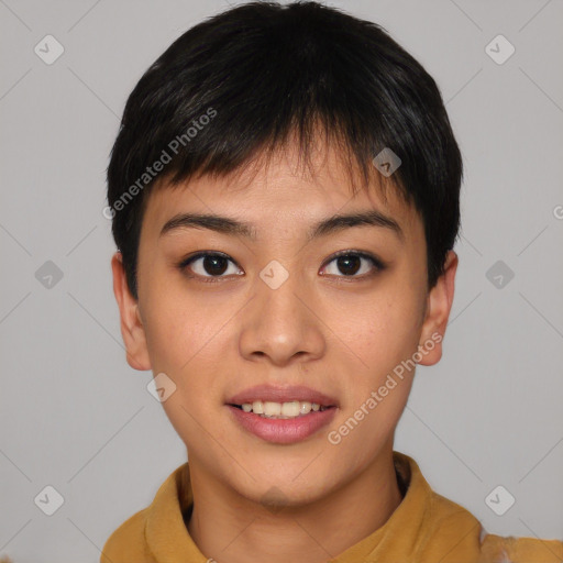 Joyful asian young-adult female with short  brown hair and brown eyes