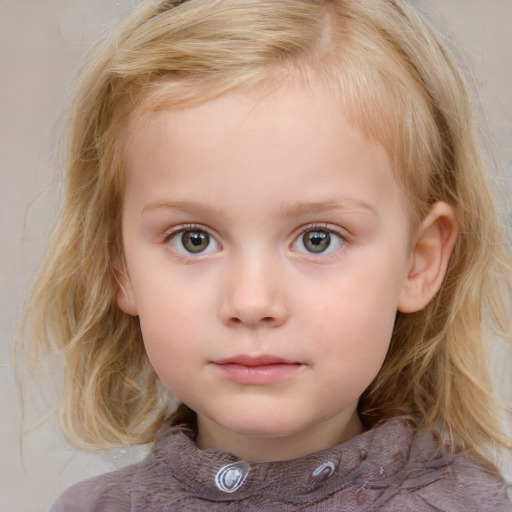 Neutral white child female with medium  brown hair and blue eyes