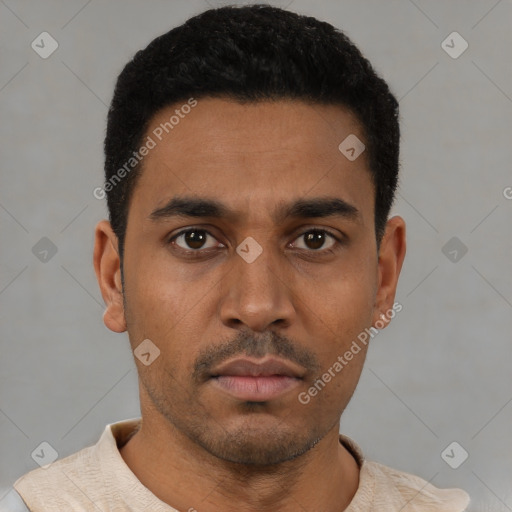 Neutral latino young-adult male with short  black hair and brown eyes