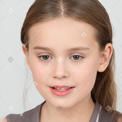 Joyful white child female with medium  brown hair and brown eyes