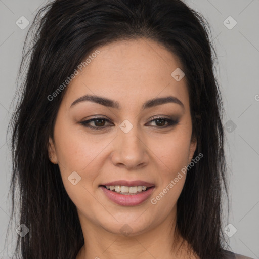 Joyful latino young-adult female with long  brown hair and brown eyes