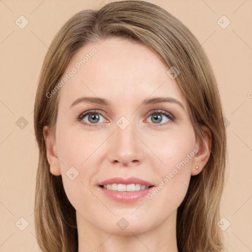 Joyful white young-adult female with long  brown hair and grey eyes