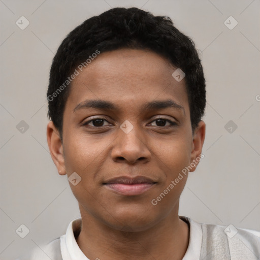 Joyful latino young-adult female with short  black hair and brown eyes