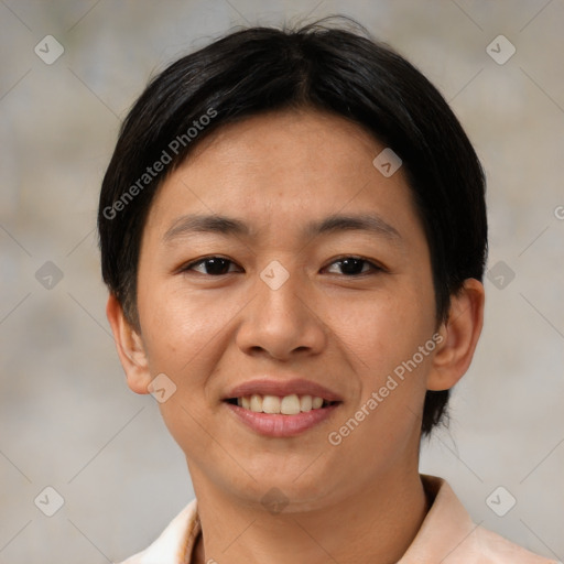 Joyful asian young-adult female with short  brown hair and brown eyes