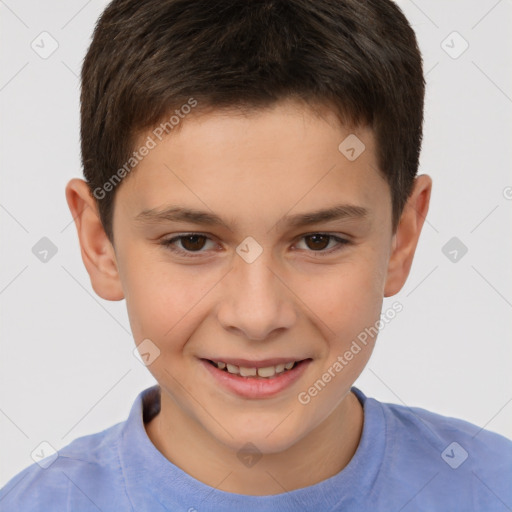 Joyful white child male with short  brown hair and brown eyes