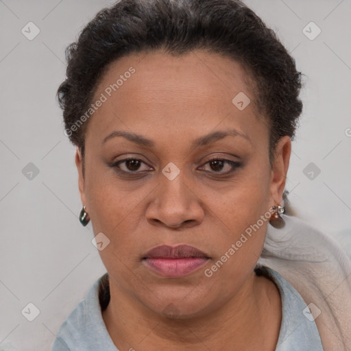 Joyful latino adult female with short  brown hair and brown eyes