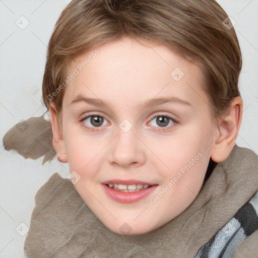 Joyful white child female with medium  brown hair and blue eyes