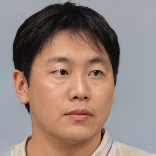 Neutral asian young-adult male with short  brown hair and brown eyes