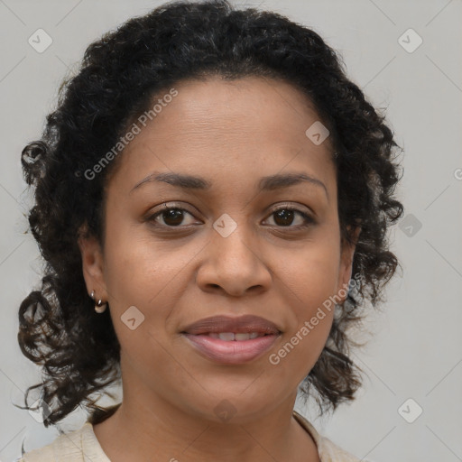 Joyful black young-adult female with medium  brown hair and brown eyes