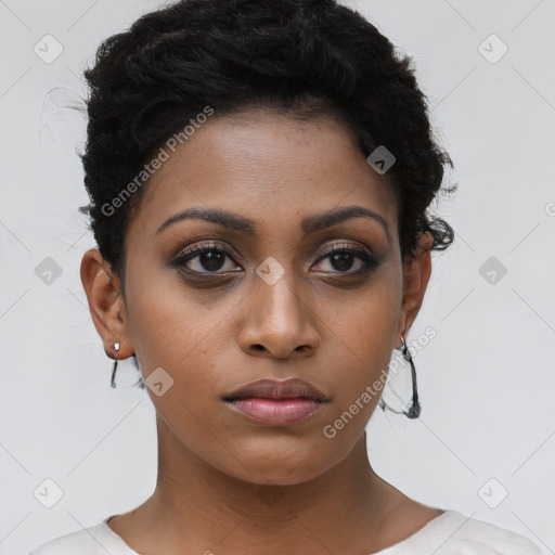 Neutral black young-adult female with short  brown hair and brown eyes