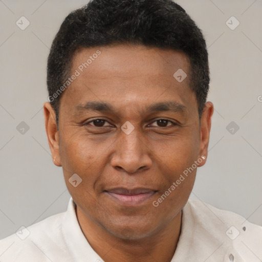 Joyful latino adult male with short  brown hair and brown eyes