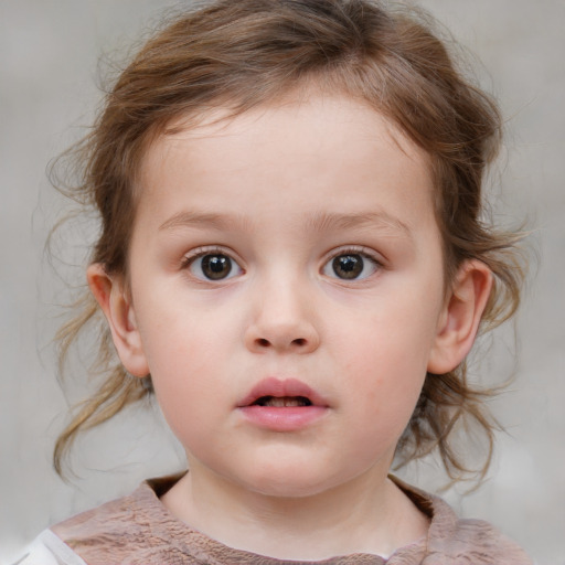 Neutral white child female with medium  brown hair and blue eyes