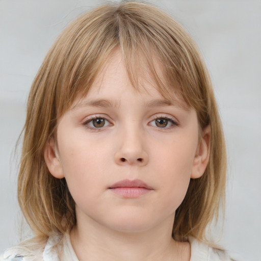 Neutral white child female with medium  brown hair and blue eyes