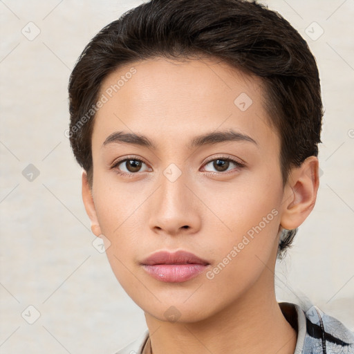 Neutral white young-adult female with short  brown hair and brown eyes