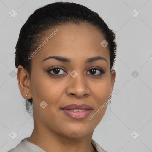 Joyful latino young-adult female with short  brown hair and brown eyes