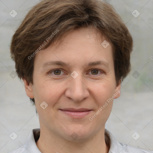 Joyful white adult female with short  brown hair and grey eyes