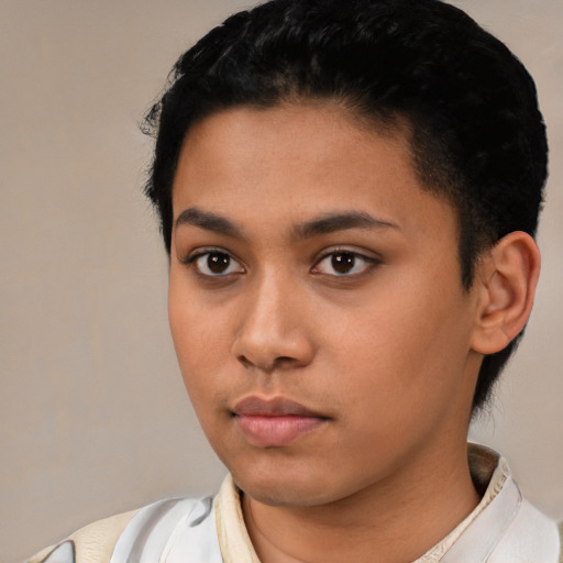 Neutral latino young-adult female with short  black hair and brown eyes