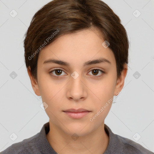 Neutral white young-adult female with short  brown hair and brown eyes